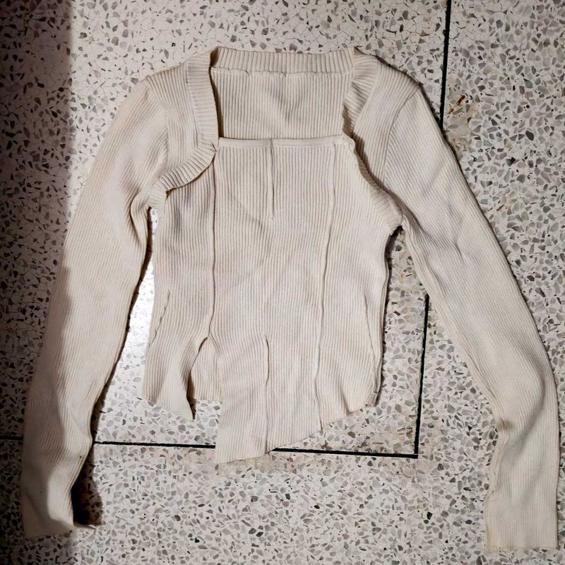 Cream Ribbed Square Neck Top