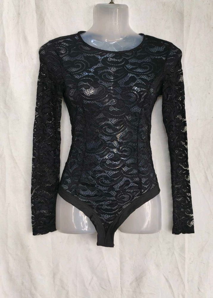 6206. Sheer Black Lace Long Sleeve Bodysuit