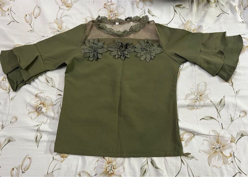 Green Ruffled Sleeve Top with Floral Detail