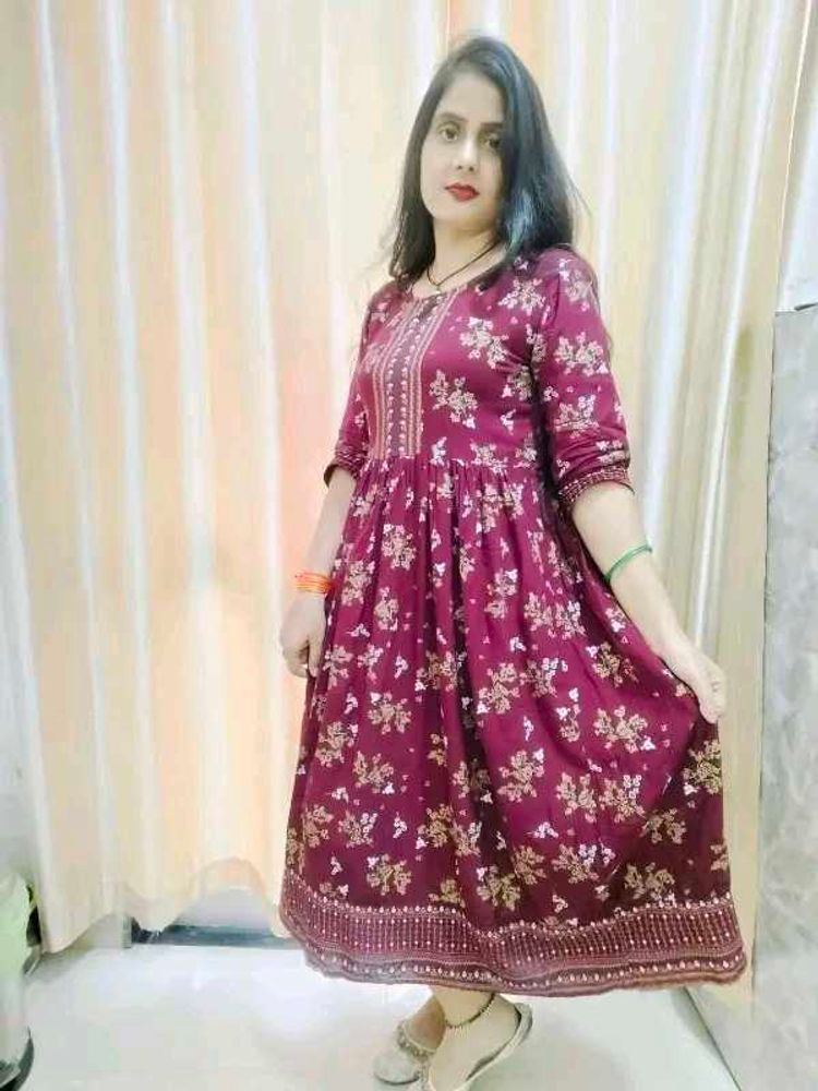 New printed anarkali wine gown