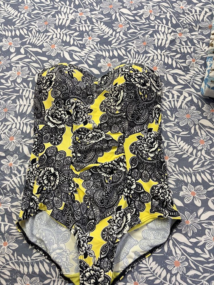 Vibrant Yellow Floral Strapless Swimsuit