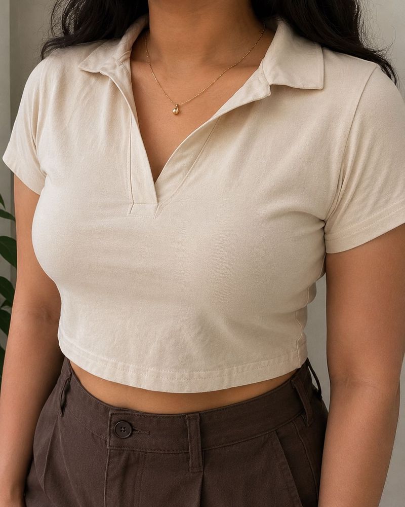 Cream Cropped Polo Top