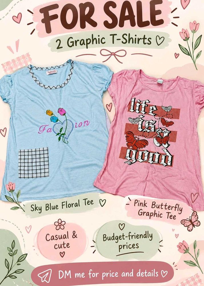 2 Graphic Tees: Blue Floral &amp; Pink Butterfly