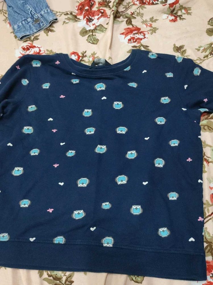 Cute Owl Print Navy Blue Sweatshirt