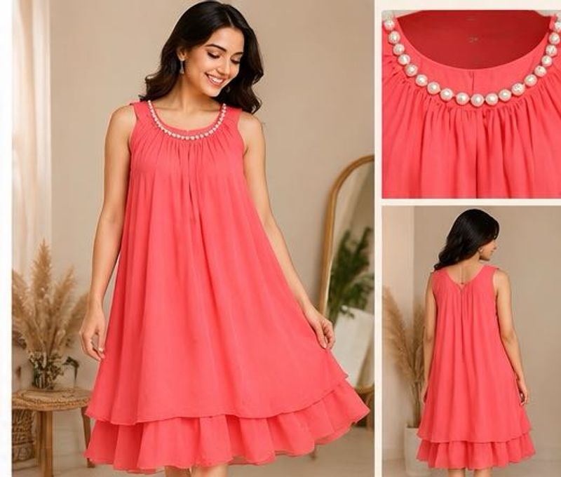Coral Pink Dress with Pearl Neckline