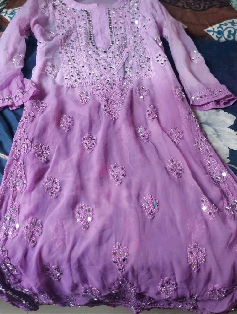 Tie Dry Lavender Chikankari Mirror Work Kurti