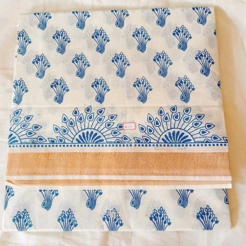 Blue Peacock Print Saree