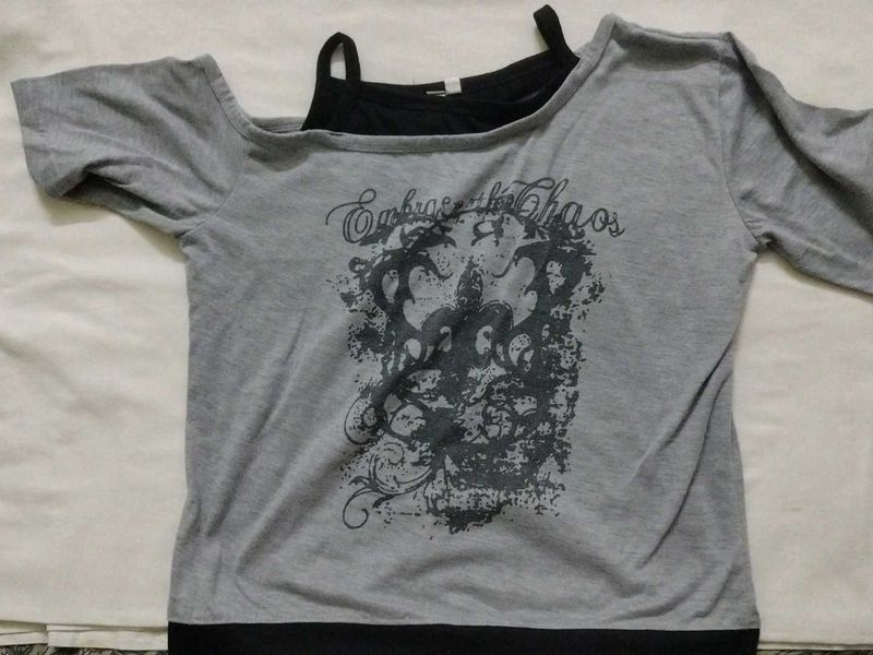 Grey Off-Shoulder Graphic Top
