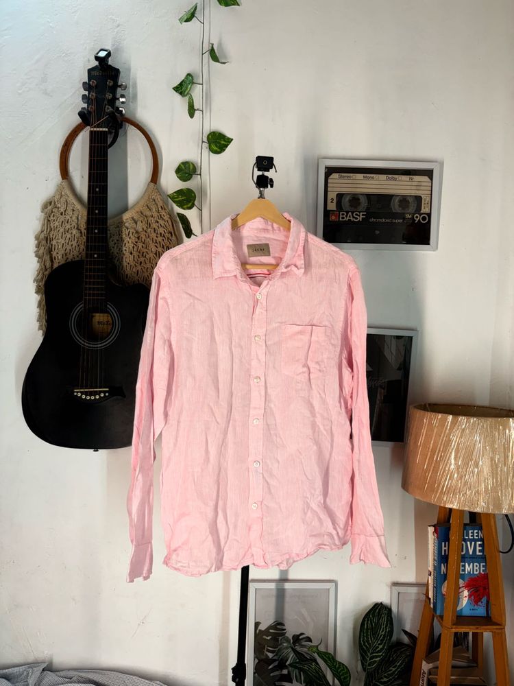 Men's Pink Linen Button-Up Shirt