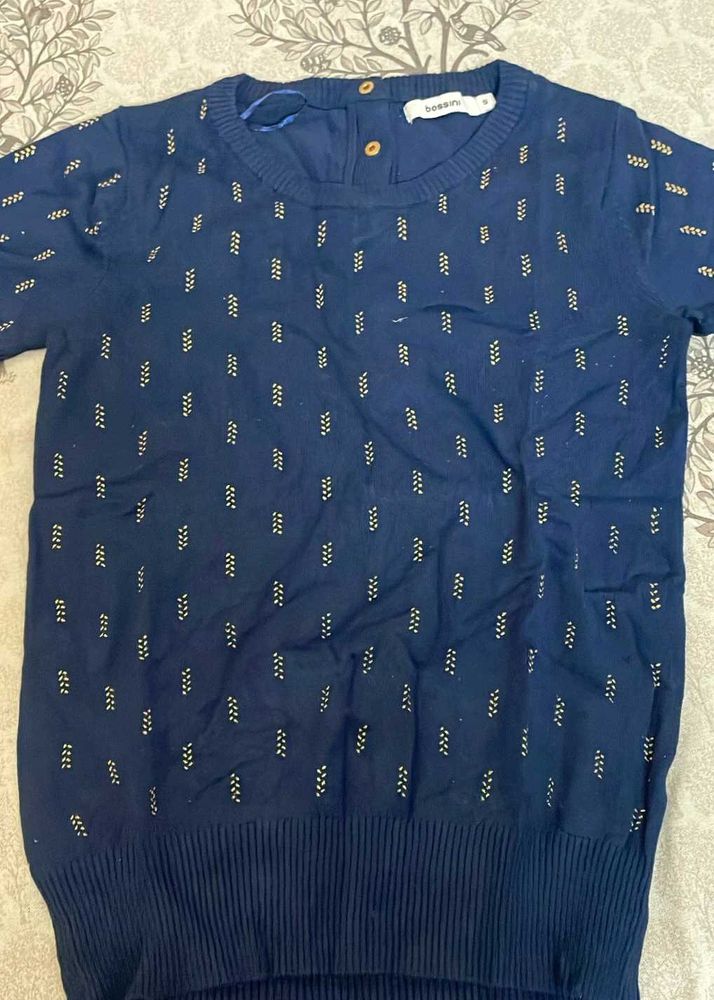 Navy Blue Patterned Knit Top