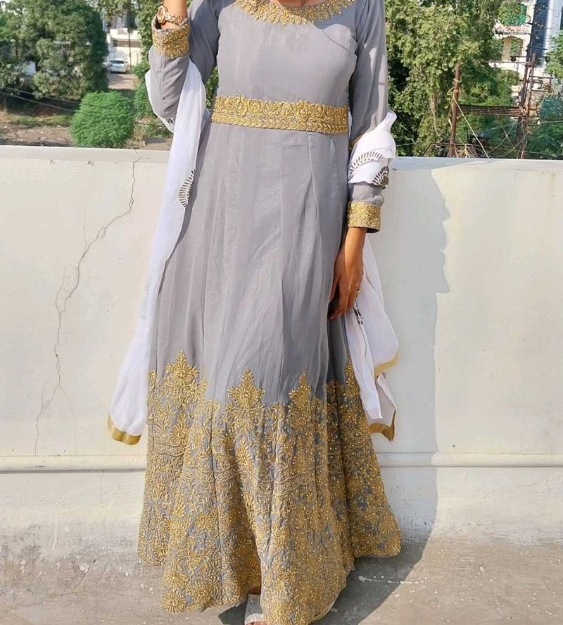 Grey Anarkali Gown with Golden Embroidery