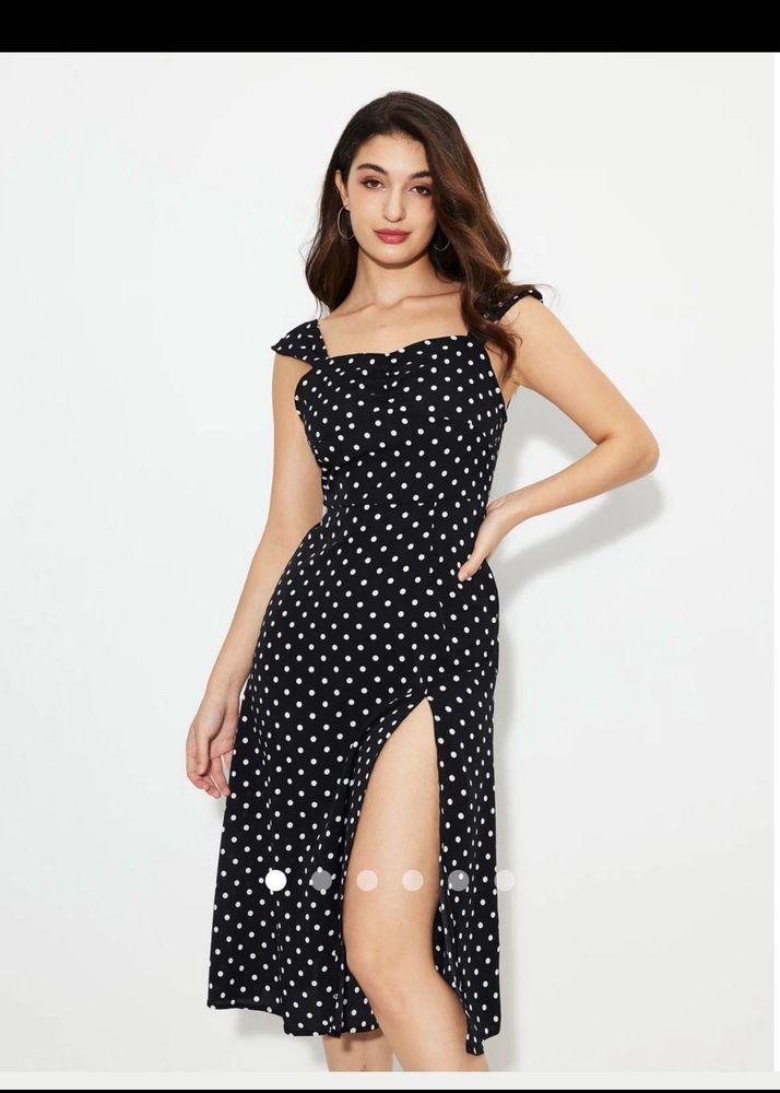 Black And White Polka Dots Slit Dress