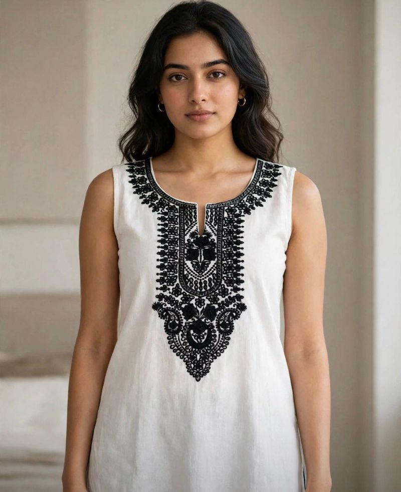 Elegant White Kurta with Black Embroidery
