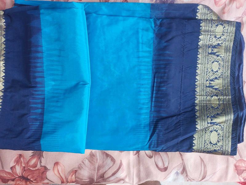 Blue &amp; Teal Saree with Golden Border