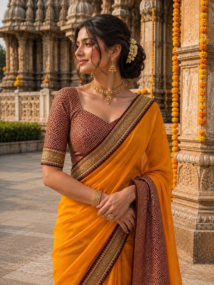Vibrant Orange Saree with Brocade Blouse