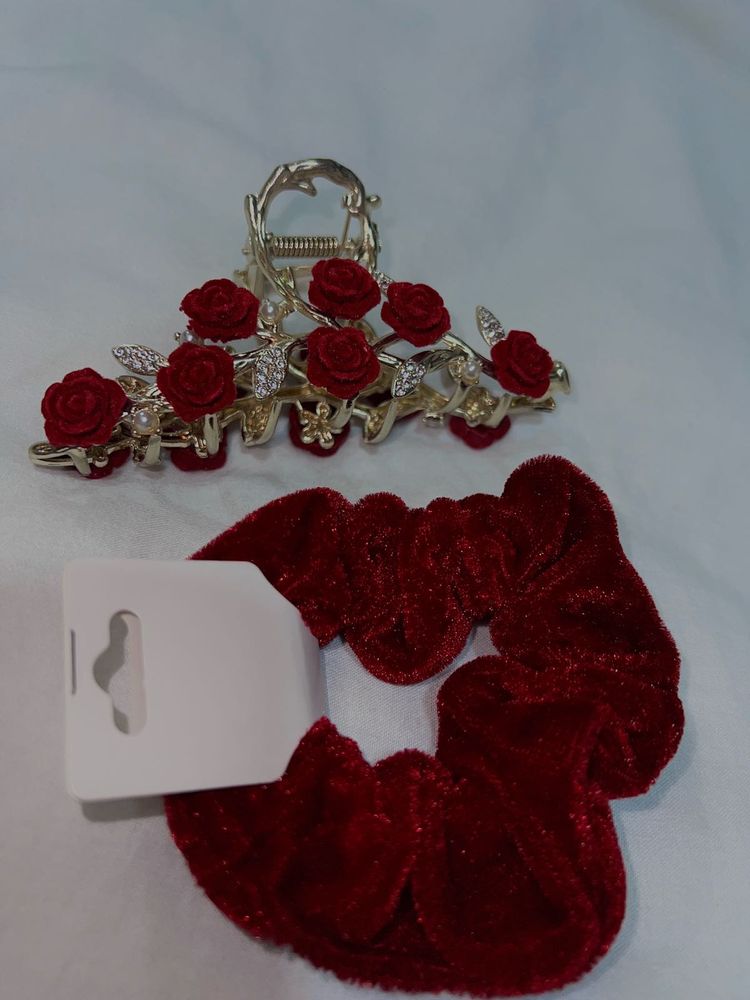 Red Rose Hair Claw Clip &amp; Scrunchie Set