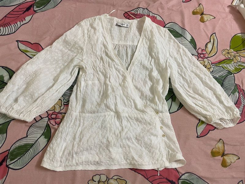 White Textured Wrap Top