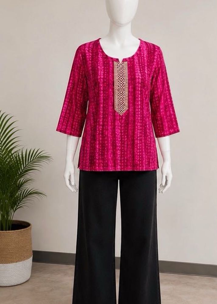 Vibrant Pink Printed Kurta with Embellished Neckli