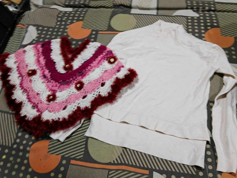 Layered White Top with Crochet Poncho winters