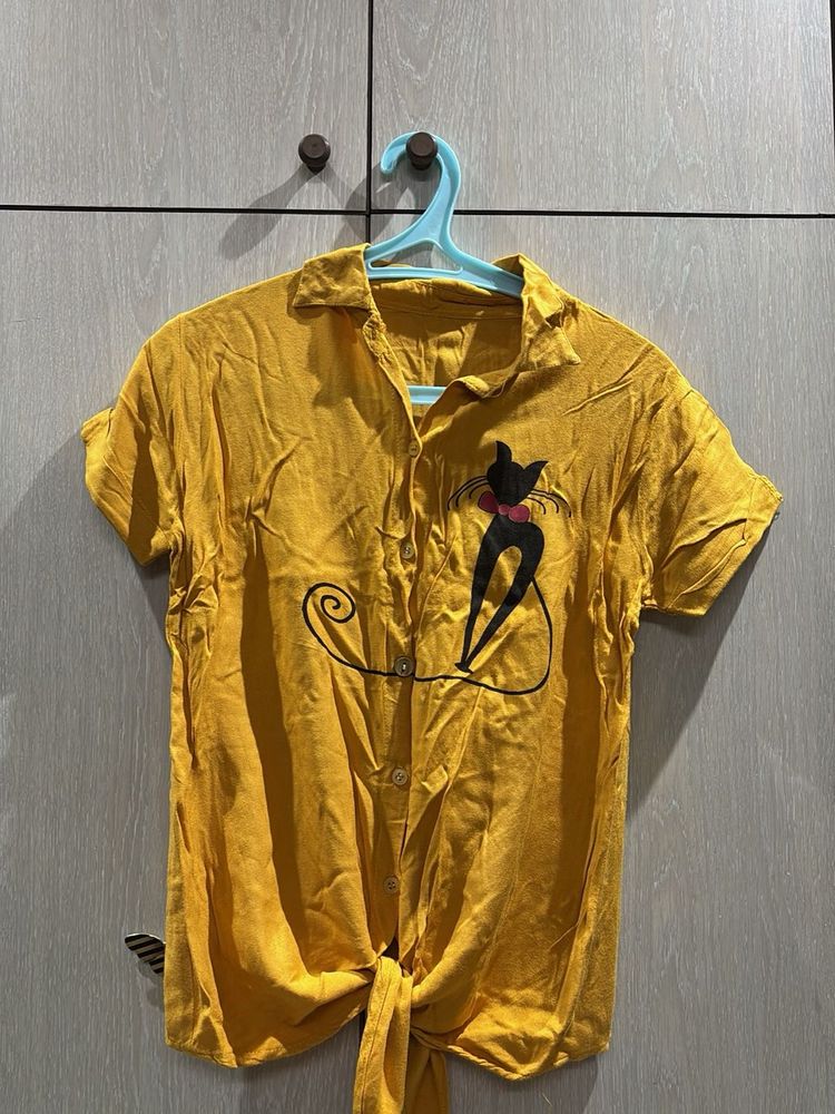 Cute Cat Print Yellow Button-Up Top