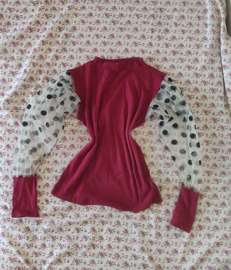 Burgundy Knit Top with Sheer Polka Dot sleeves