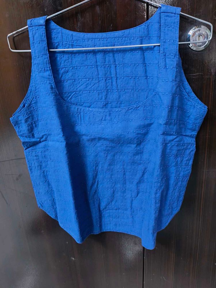Blue Square Neck Sleeveless Top