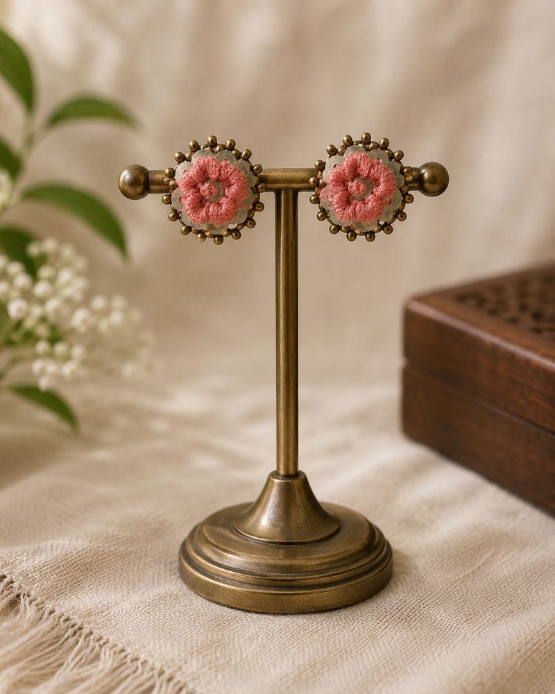 handmade  Pink Floral Embroidered Earrings