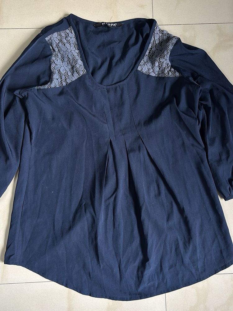 Elegant Navy Blue Lace Shoulder Top