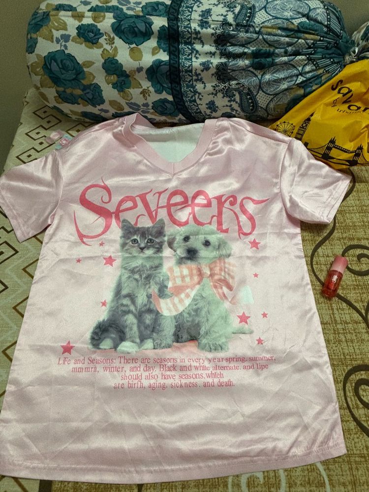 Cute Pink Cat &amp; Dog Graphic T-Shirt Jersey
