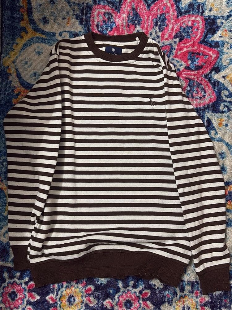 white and brown Striped Crewneck Sweater