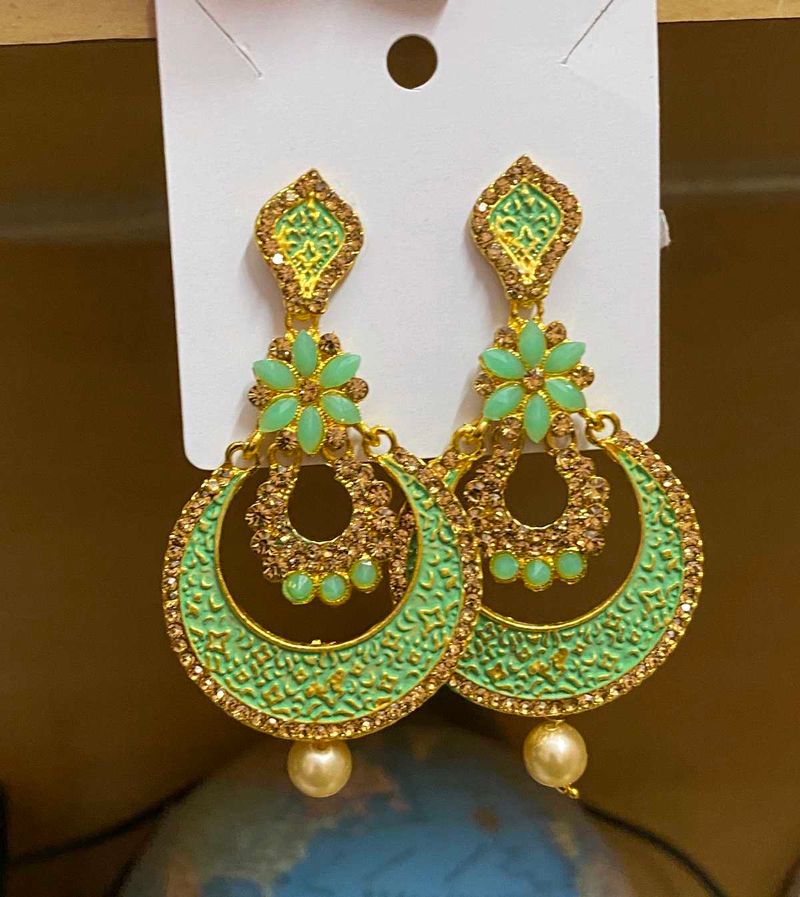Mint &amp; Gold Tone Jhumka Earrings