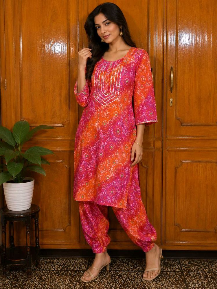 Vibrant Pink &amp; Orange Bandhani Kurta Set
