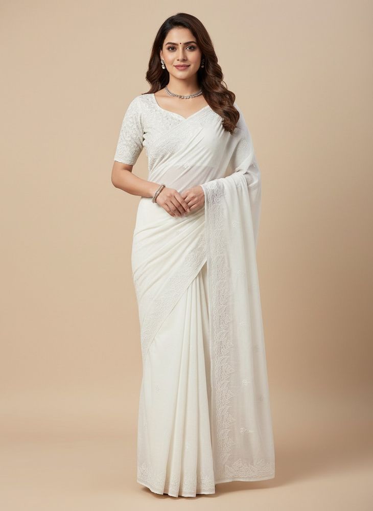 cutwork Elegant White Embroidered saree