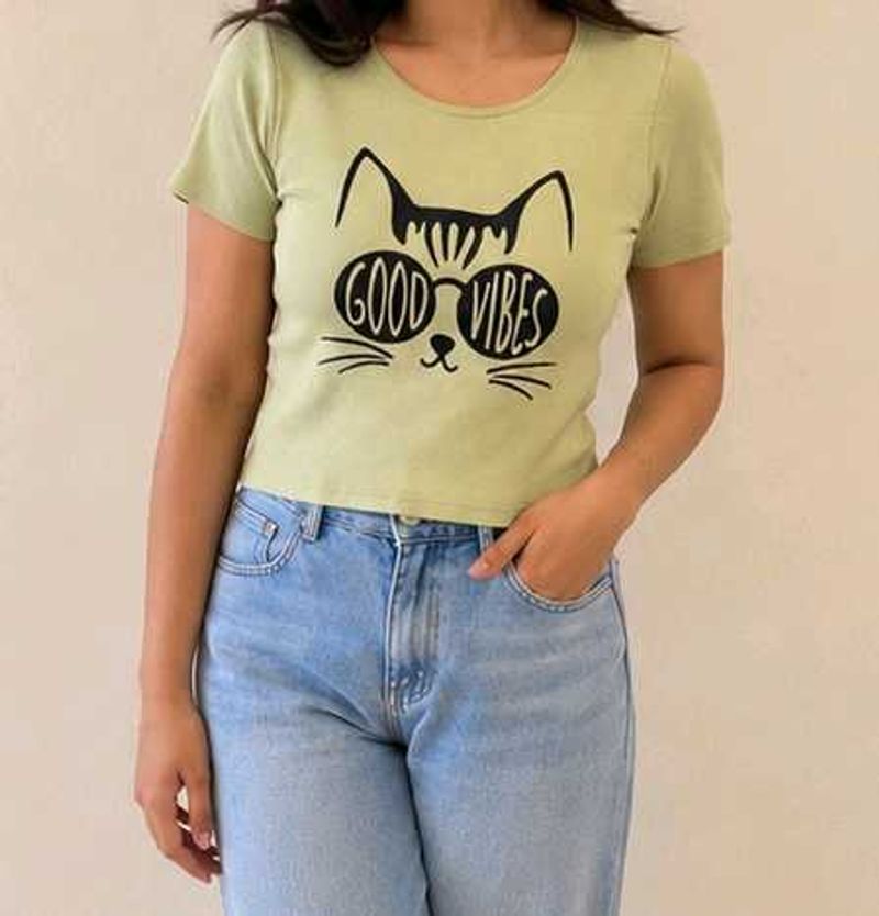 Ribbed Cute Cat "Good Vibes" T-Shirt