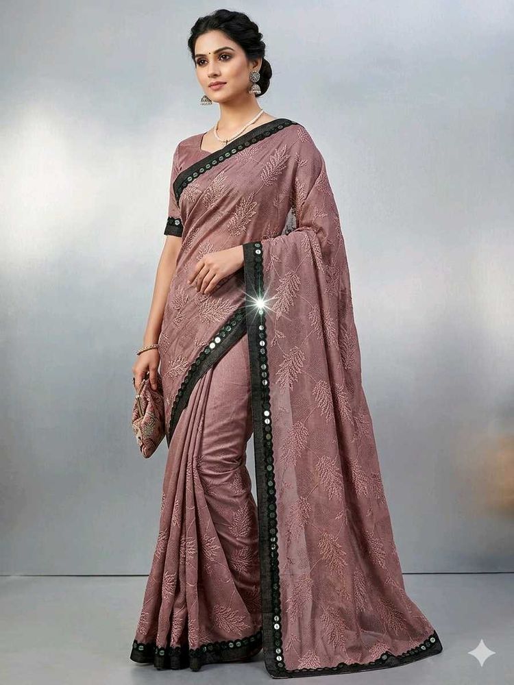 Elegant Pink Embroidered Saree with Mirror Work