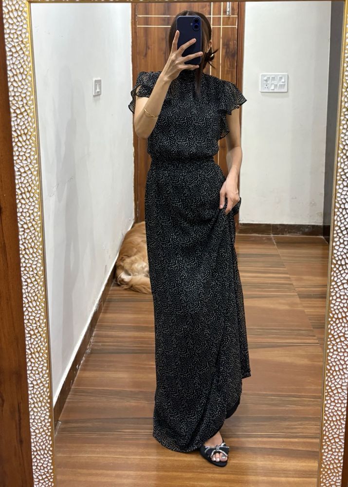 Black Polka Dot Print Flutter Sleeve Maxi