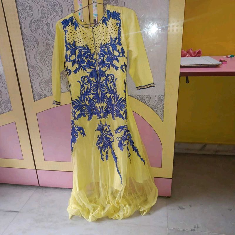 Stunning Yellow &amp; Blue Embroidered Ethnic Gown