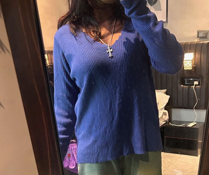 Blue Ribbed V-Neck Top