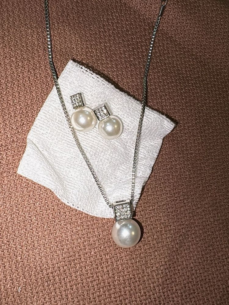 Pearl &amp; CZ Necklace and Earring Set