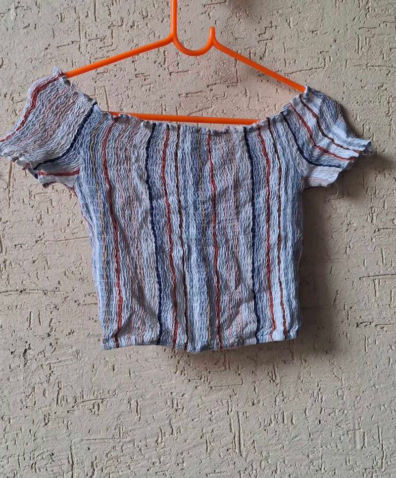 Striped Off-Shoulder Smocked Crop Top