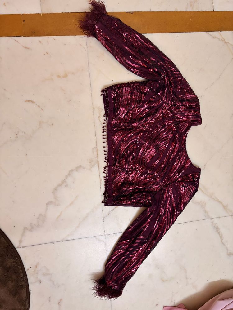 Stunning Sequin Blouse with Feather Trim