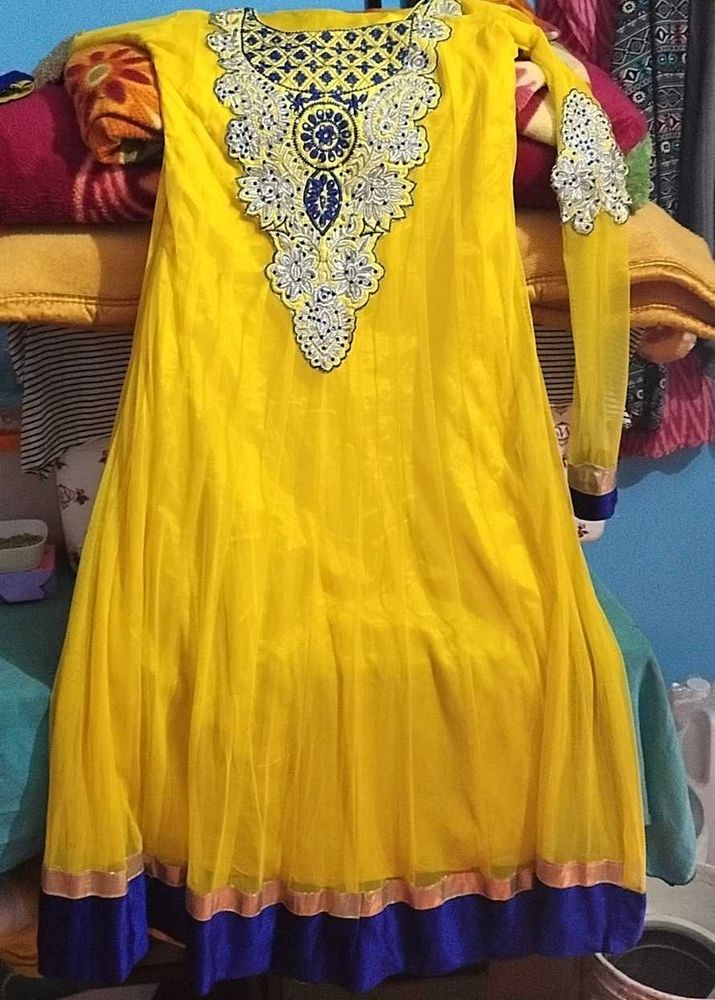 Bright Yellow Embroidered Anarkali Suit .With Dupa