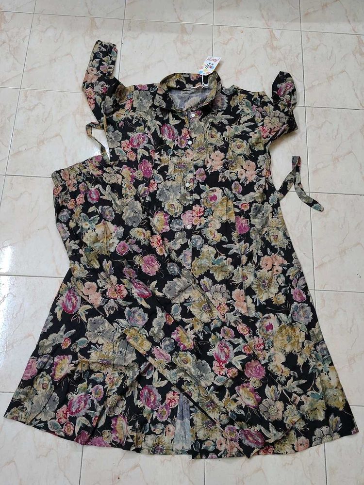 New Black Floral Print Coord Dress