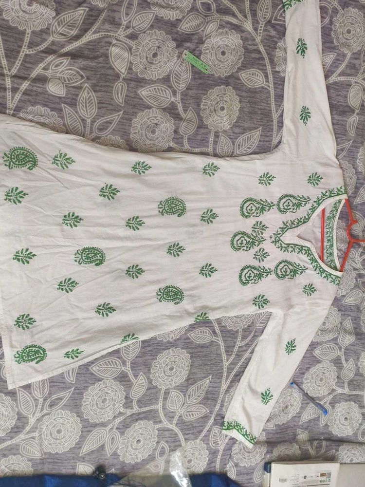 White Kurta with Green Paisley Print