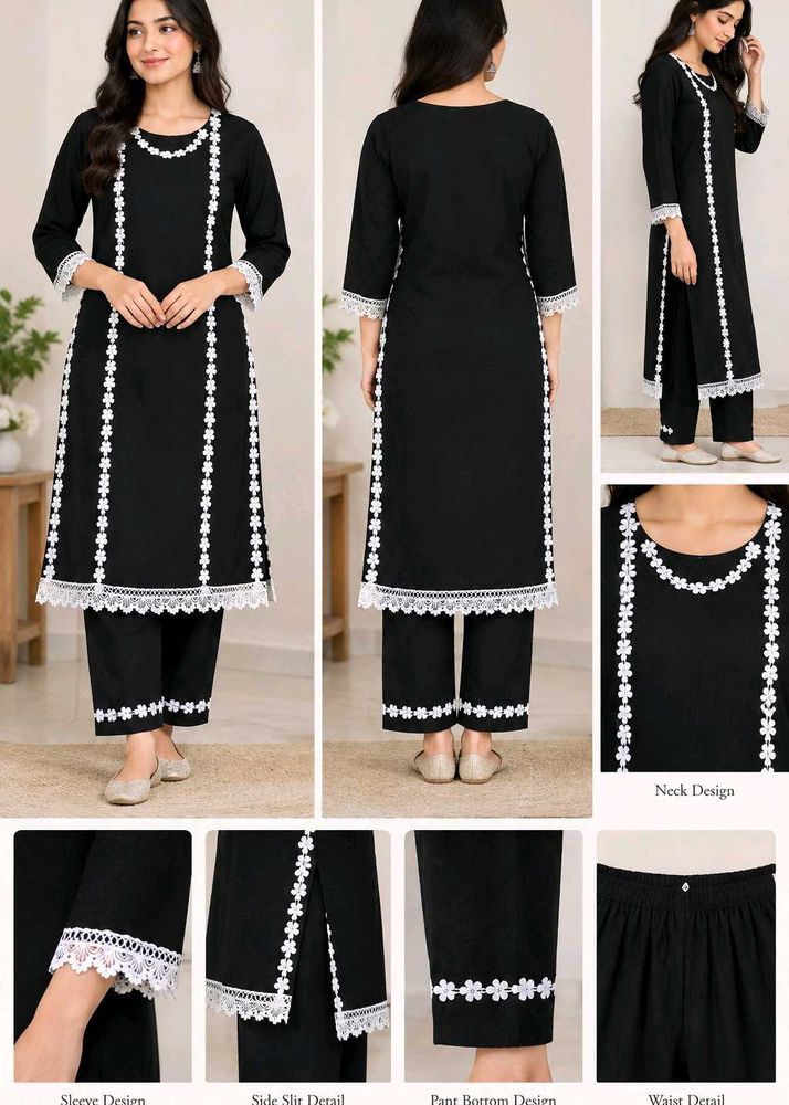 Elegant Black Kurta Set with White Lace