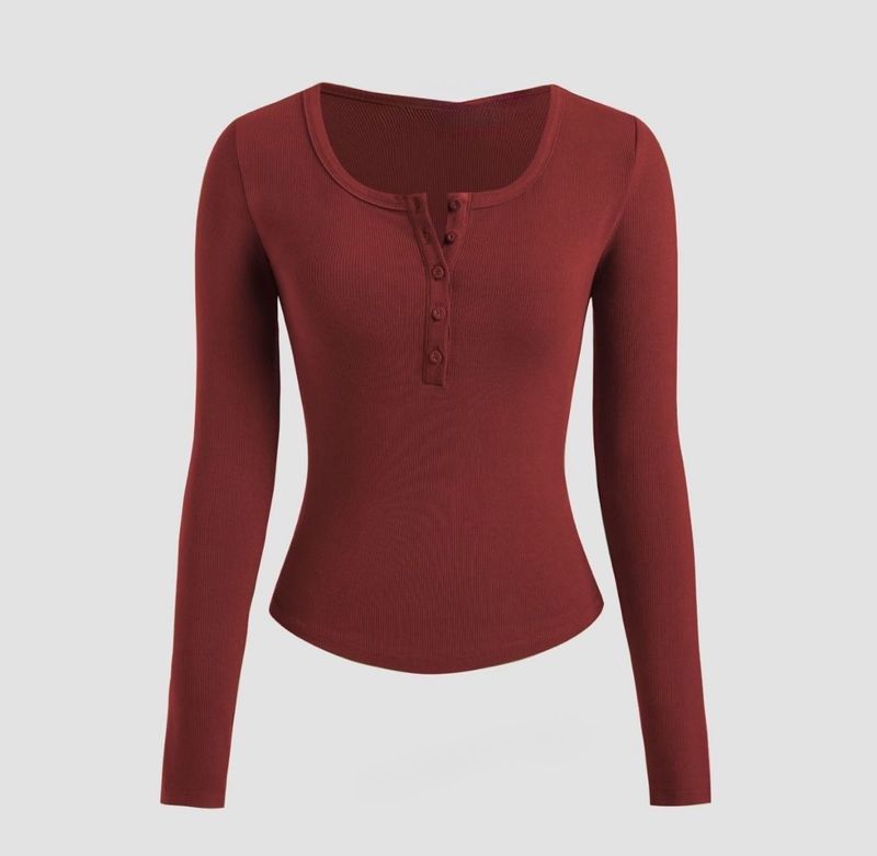 Ribbed Henley Long Sleeve Top