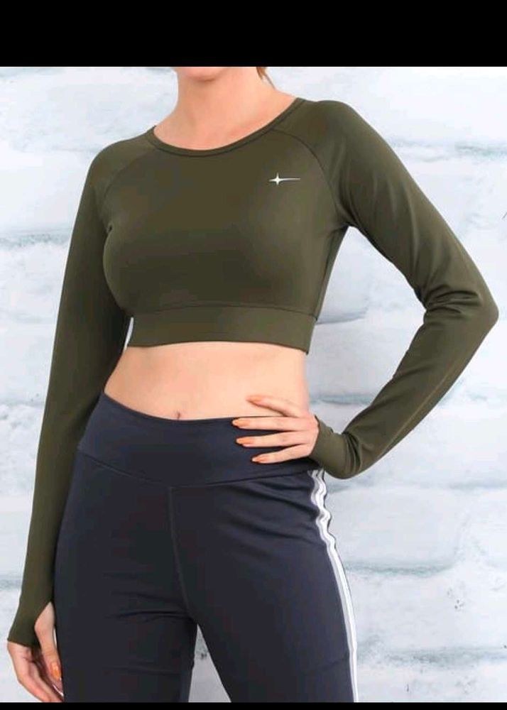 Olive Green Long Sleeve Crop Top