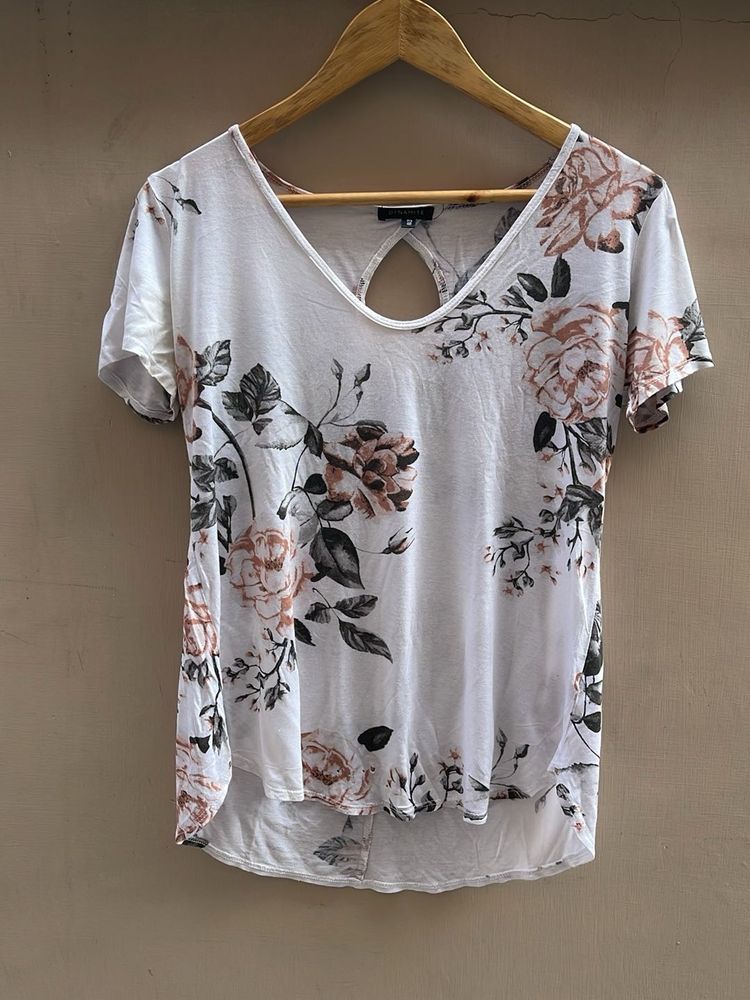 White Floral Print V-Neck Top