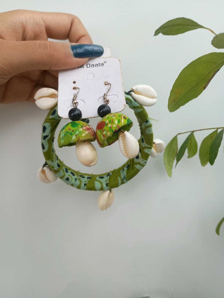 handmade Green Fabric Jhumka Earrings &amp; Bracelet