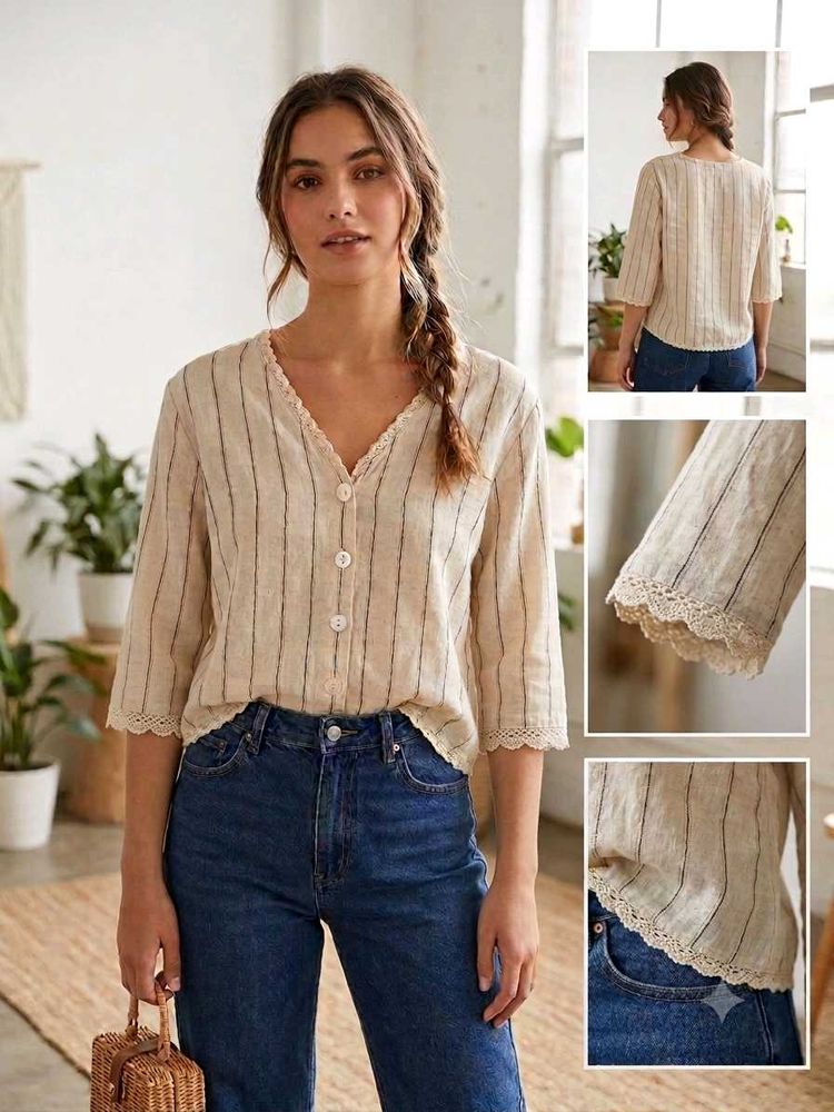 Khadi Striped Lace Trim Button-Up Top